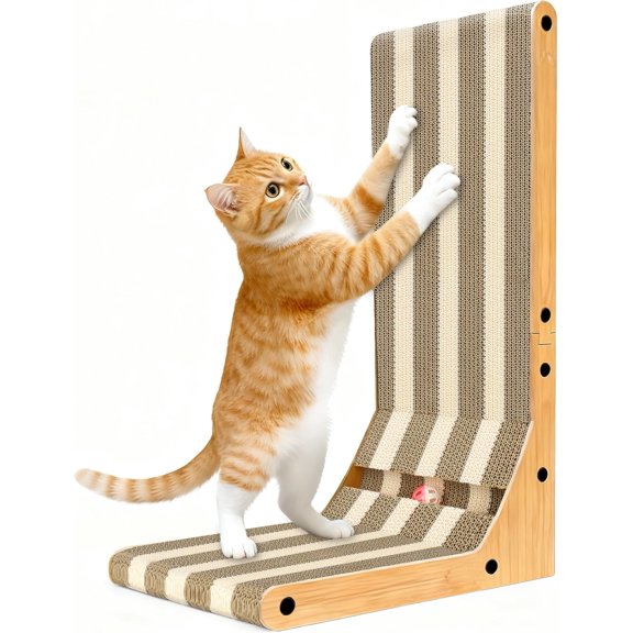 Striped Scratcher, 23.7" H L-Shaped Wall-Leaning Pad, 3 in 1 Recreational Mode, Extra-Thick Cardboard with Bell Ball for Indoor Cats
