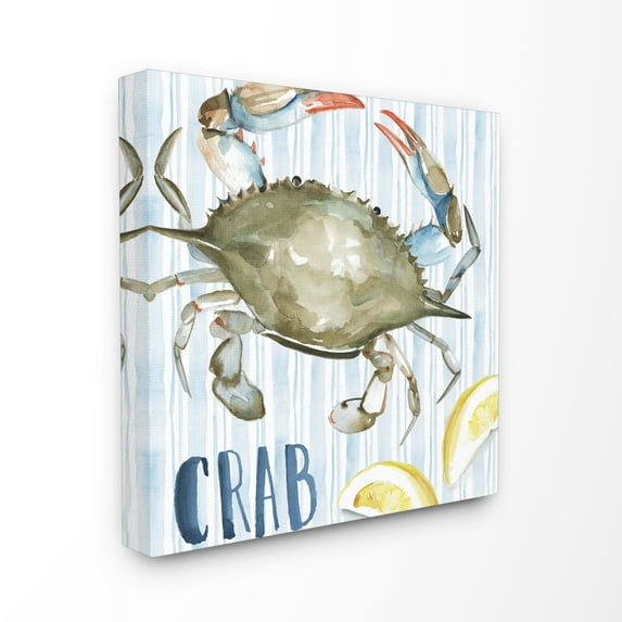 Striped Seafood Watercolor Summer Blue Crab with Lemons XL Stretched Canvas Wall Art, 30 x 1.5 x 30