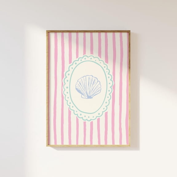 Striped Seashell Poster Cute Summer Art Coastal Wall Trendy Beach House Decor Vintage Poster, Stretched Size 8x12