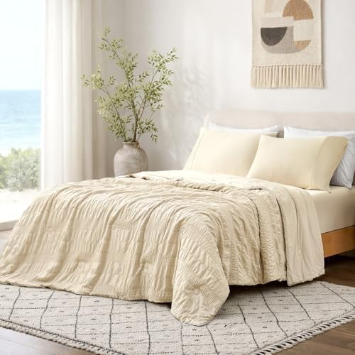 Striped Seersucker Cooling Comforter Twin Size, Lightweight Airflow Silky Cooling Bedding with Q-Max>0.45 for Bedroom, Home Decor, Hot Sleepers & Night Sweats, Khaki 68"x90"