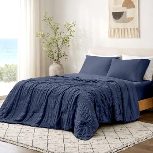 Striped Seersucker Cooling Comforter Twin Size, Lightweight Airflow Silky Cooling Bedding with Q-Max>0.45 for Bedroom, Home Decor, Hot Sleepers & Night Sweats, Navy Blue 68"x90"