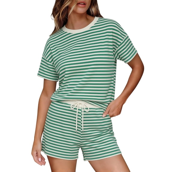 Striped Set for Women Summer 2 Piece Lounge Sets Casual Pajamas Matching Set Short Sleeve T-Shirt and Shorts Outfits Green M(M)