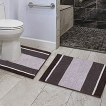 Striped Shag Chenille Bathroom Rug Toilet Sets and Shaggy Water-absorbent Non Slip Machine Washable Soft Microfiber Ombre Bath Contour Mat (Chocolate,32" 20"/20" 20" U-Shaped)