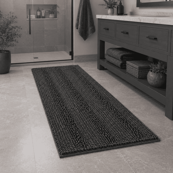 Primebeau Chenille Shaggy Rug Collection Striped Bath Rugs, 59" x 20", Machine Washable, Gray