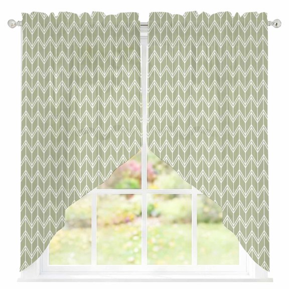 Striped Sheer Curtains Swag Valances for Windows Abstract Chevron White Line Sage Green Bohemian Rod Pocket Swag Curtain Small Window Curtain for Kitchen Living Room Bedroom, 1 Pair 28"W x 36"L