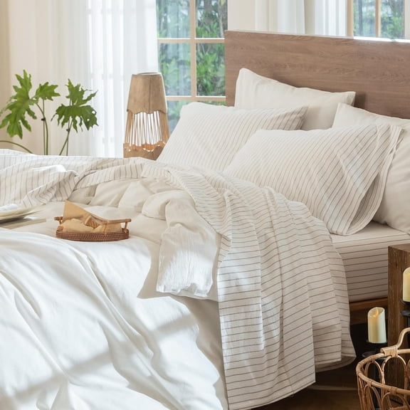 Striped Sheet Set 100% Washed Cotton Linen Like Queen