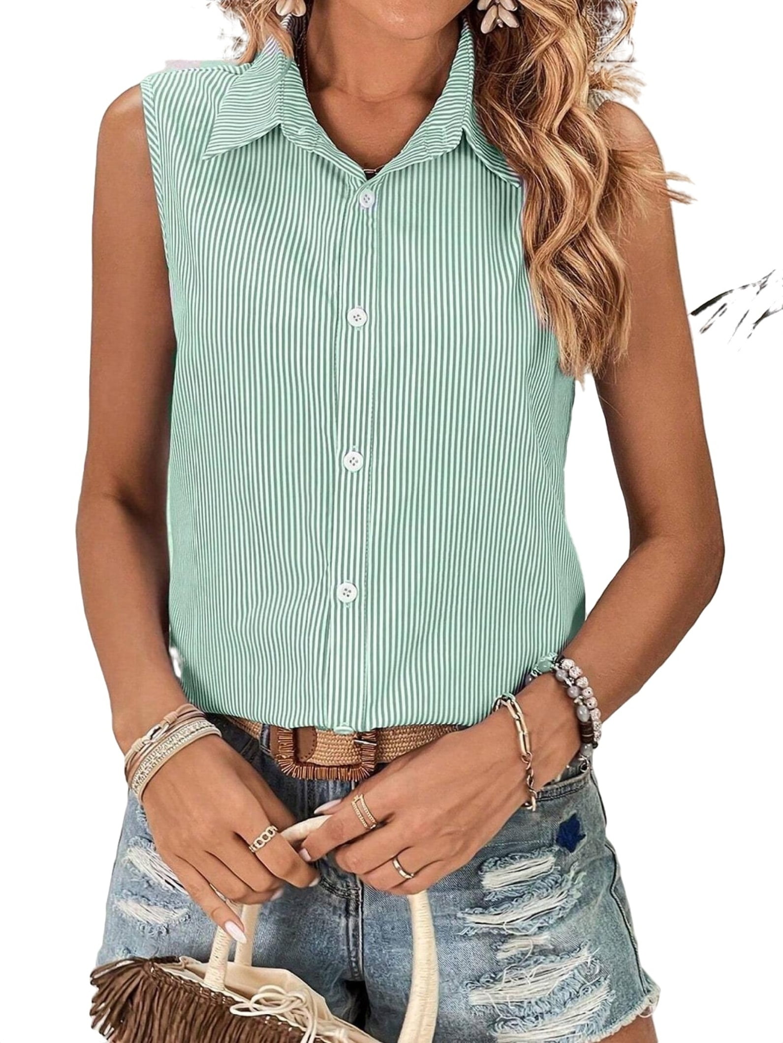 Striped Shirt Collar Shirt Sleeveless Green Women Blouses (women's 