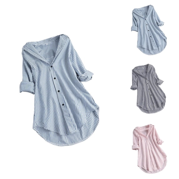 Striped Shirt Women 2026 Spring Fall Casual Long Sleeve Button Down Collared Curved Hem Business Casual Shirt