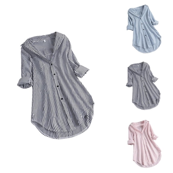 Striped Shirt Women 2026 Spring Fall Casual Long Sleeve Button Down Collared Curved Hem Business Casual Shirt