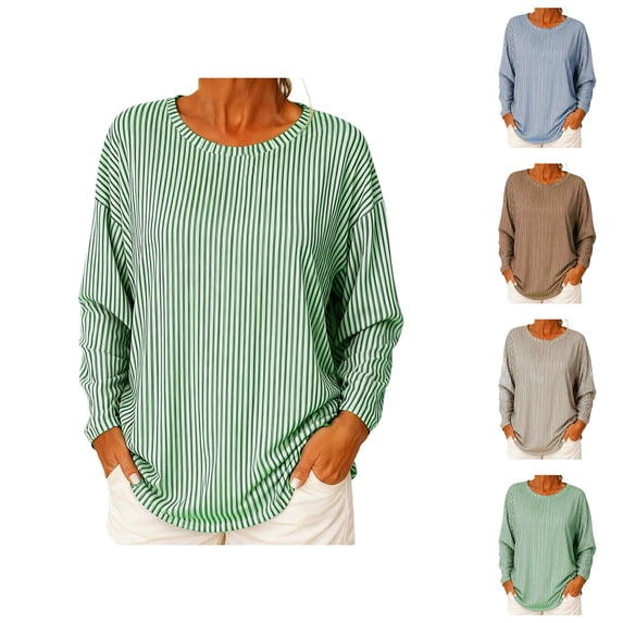 Striped Shirt Women 2026 Spring Fall Casual Long Sleeve Crewneck Loose Color Block Shirts