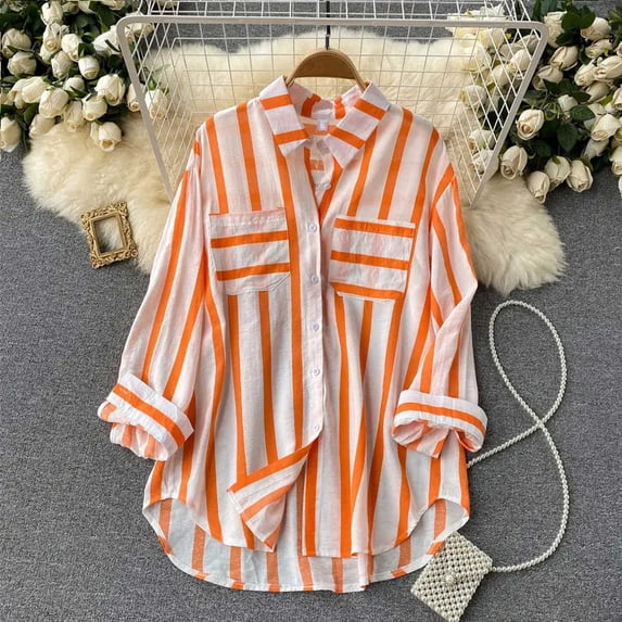 Striped Shirt Women Long Sleeve Fashion Casual Collar Regular Fit Button Down Shirt Comfortable Lightweight Work Office Blouse with Pocket Orange XL