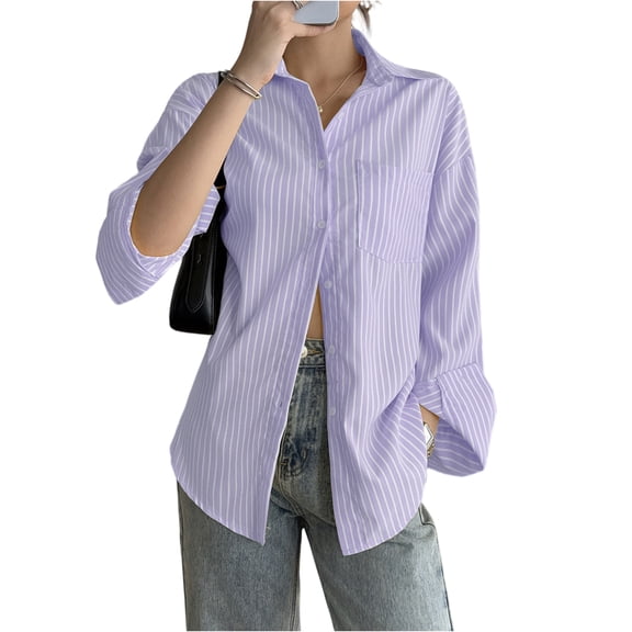 Striped Shirt Women Long Sleeve Striped Button Down Shirt Casual Loose Fit Blouse Lightweight Breathable Work Office Top