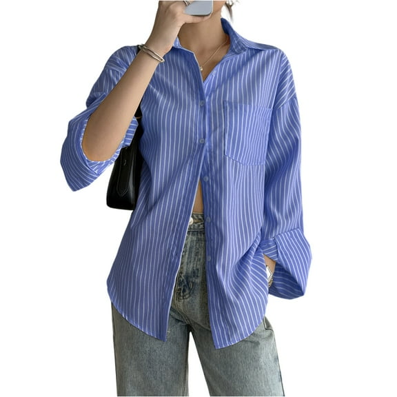 Striped Shirt Women Long Sleeve Striped Button Down Shirt Casual Loose Fit Blouse Lightweight Breathable Work Office Top