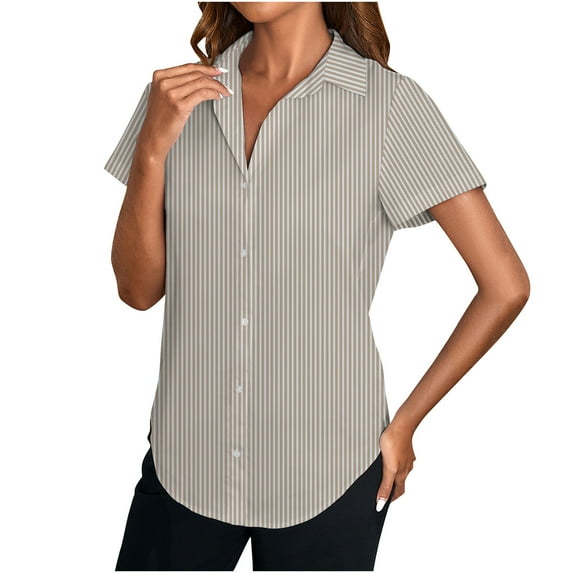 Striped Shirt for Women Dressy Casual Button up Shirts Summer Short Sleeve Work Tops Business Office High Low Blouses, Khaki, L
