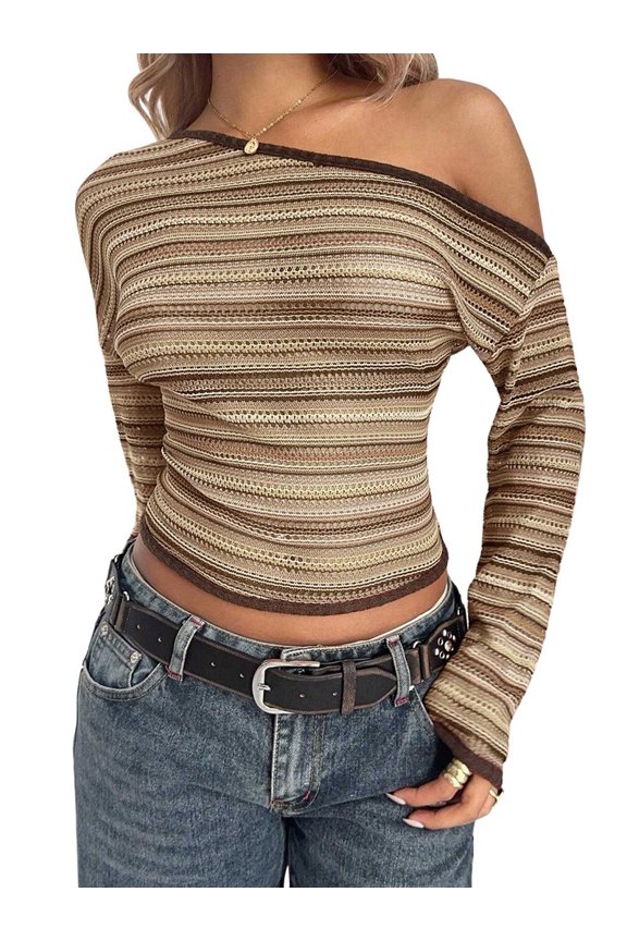 Striped Shirts Off the Shoulder Color Block Long Sleeve Bodycon Pullover Trendy Streetwear Shirts Khaki L