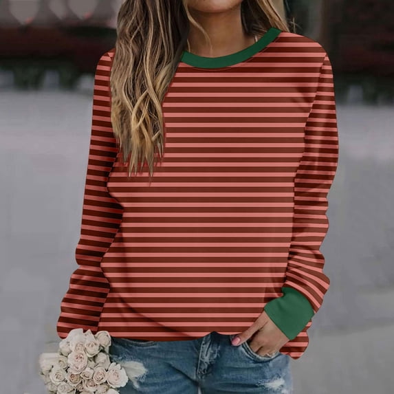 Striped Shirts for Women Color Block Womens Crewneck Workout Cozy Plain Loose Fit Oversized Boyfriend Outfits Sport Winter Clothes Yoga Shirts