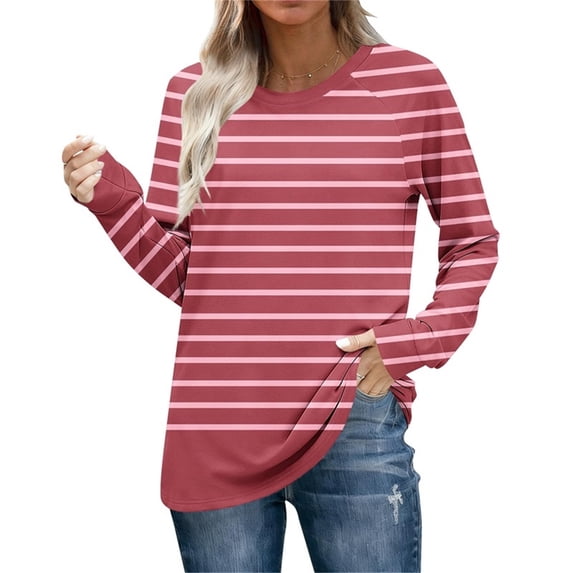 Striped Shirts for Women Long Sleeve Crewneck Color Block Basic Loose Tops Red S