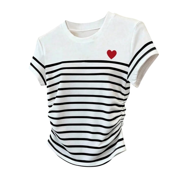 Striped Shirts for Women Ruched Side Slim Fit Short Sleeve Top 2026 Trendy Crew Neck Casual T-Shirt for Everyday Wear and Summer Fall