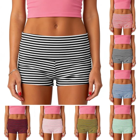 Striped Short Shorts Women Fold Over Mid Waist Pajama Bottoms Soft Comfy Summer Yoga Short, Black, XXL