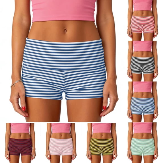 Striped Short Shorts Women Fold Over Mid Waist Pajama Bottoms Soft Comfy Summer Yoga Short, Blue, L