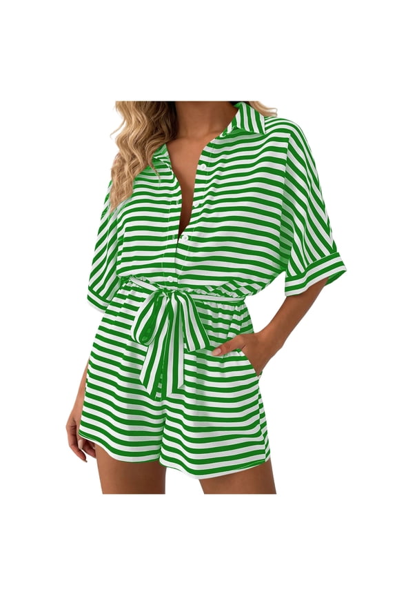 Striped Shorts Rompers for Women Vacation Button Down Collared Jumpsuits Short Sleeve One Piece Jumper Green, 2XL