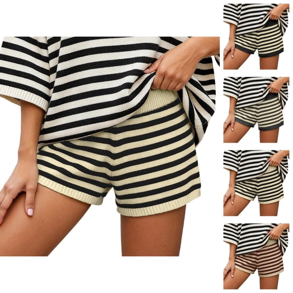 Striped Shorts for Women 2026 Summer Casual Elastic High Waist Knit Soft Stretchy Mini Shorts Loungewear