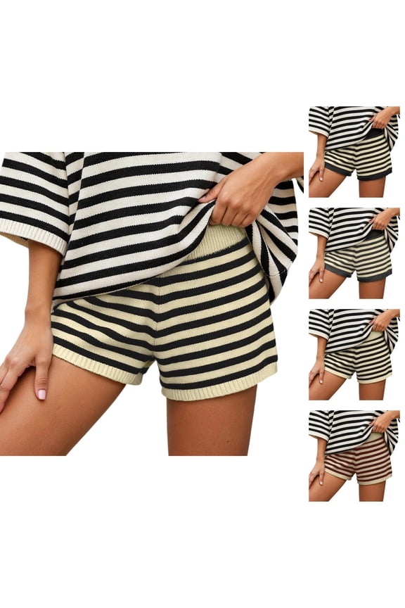 Striped Shorts for Women 2026 Summer Casual Elastic High Waist Knit Soft Stretchy Mini Shorts Loungewear