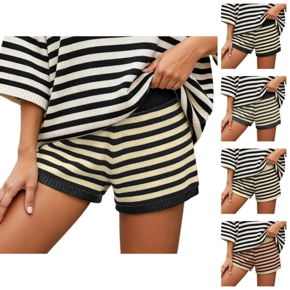 Striped Shorts for Women 2026 Summer Casual Elastic High Waist Knit Soft Stretchy Mini Shorts Loungewear