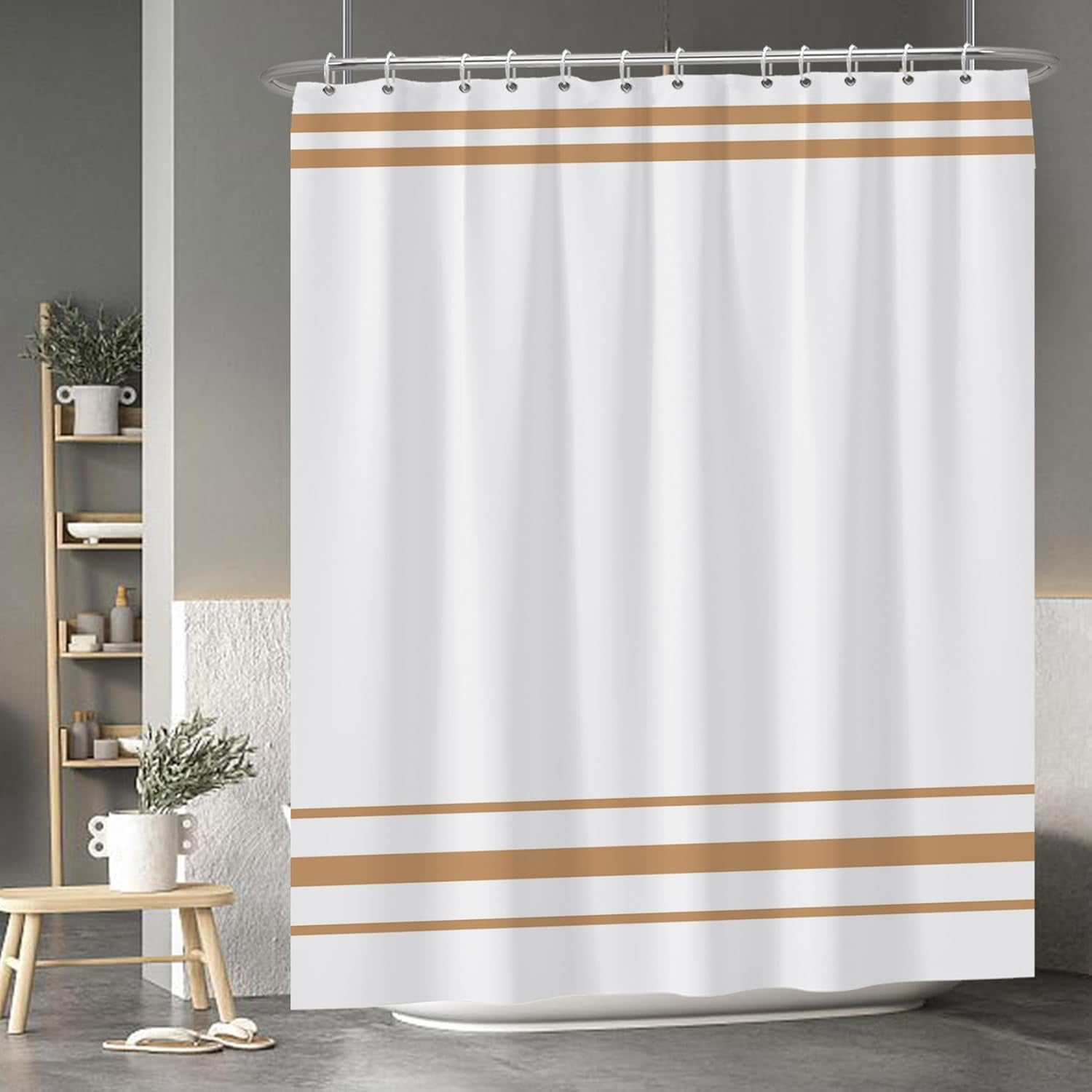 Striped Shower Curtain for Bathroom Minimalism Style Shower Curtain Set Brown and White Stripes Shower Curtains Dormitory Cubicle Waterproof Fabric Shower Curtain with Hooks 72x84 Inches