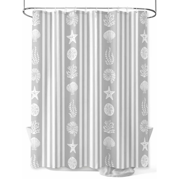 Striped Shower Curtain, Ocean Grey Starfish Shell Jellyfish Coral Waterproof Shower Curtain Set with 12 Hooks Lightweight Washable Fabric Shower Curtains for Bathroom 36x72 Inches