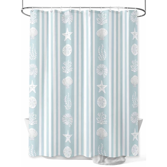 Striped Shower Curtain, Ocean Light Blue Starfish Shell Jellyfish Coral Waterproof Shower Curtain Set with 12 Hooks Lightweight Washable Fabric Shower Curtains for Bathroom 72x78 Inches