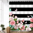 thumbnail image 1 of Striped Shower Curtain with Pink Roses, Pink Shower Curtain，Butterfly Shower Curtains Set with Hooks, Girly Shower Curtain for Bathroom 72x72 Inches, 1 of 1