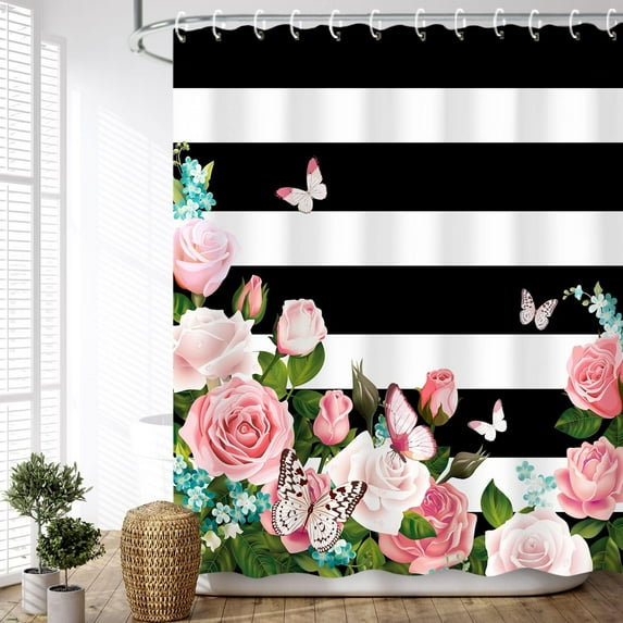 Striped Shower Curtain with Pink Roses, Pink Shower Curtain,Butterfly Shower Curtains Set with Hooks, Girly Shower Curtain for Bathroom 72x84 Inches