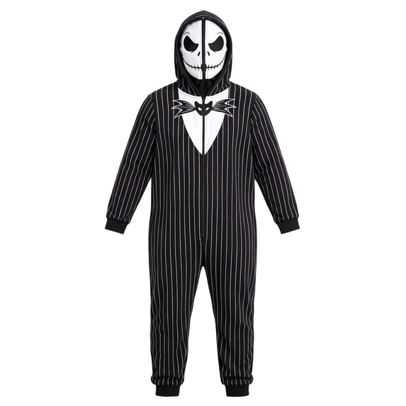 Striped Skeleton Hooded Onesie Pajama, Full Zip One Piece Loungewear Jumpsuit for Halloween Fancy dress, Indoor Sleepwear