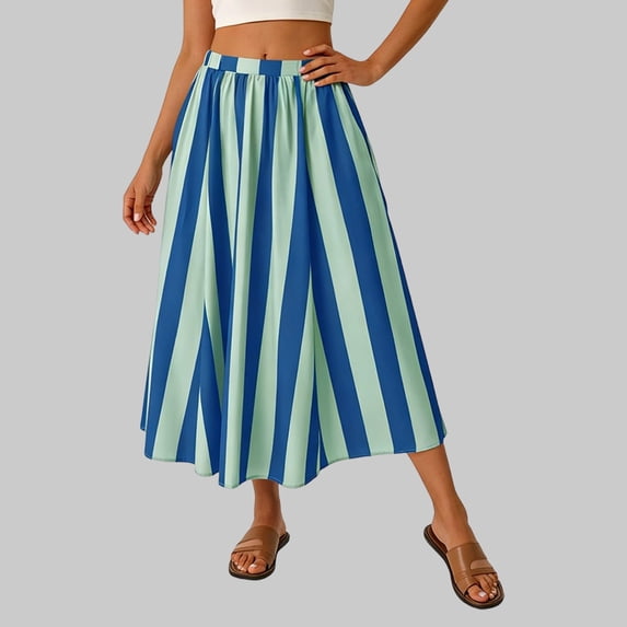 Striped Skirts for Women Summer A Line Elastic Waist Flowy Skirt Beach Outfit Comfortable Womens Flowy Midi Skirt Dark Blue XXL