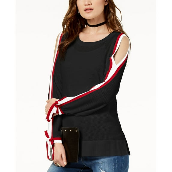 Striped Sleeve Cold Shoulder Top Blackreal Red L