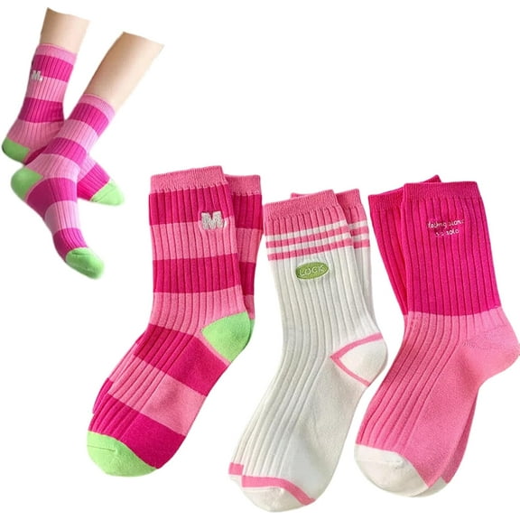 Striped Socks Letter Embroidery High Ankle Sock for Teen Girl Spring Summer Women Cotton Casual Crew Socks