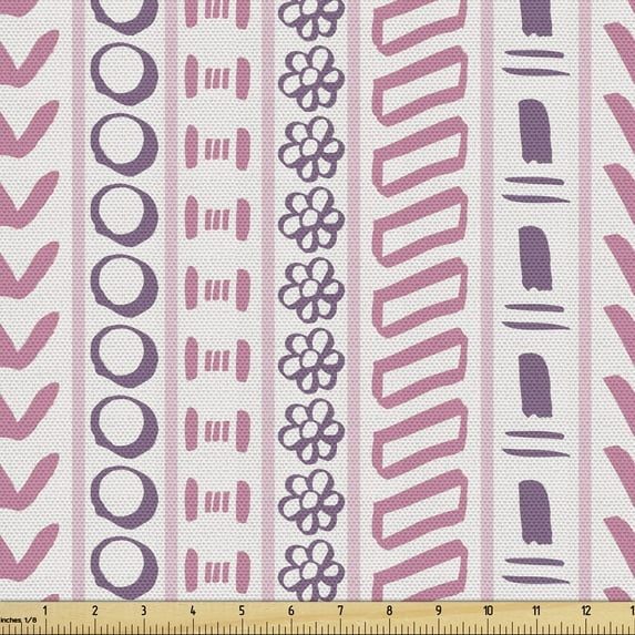 Ambesonne Trippy Fabric by the Yard Upholstery, Folk Like Flowers Circles, 1 Yard, Pink Purple