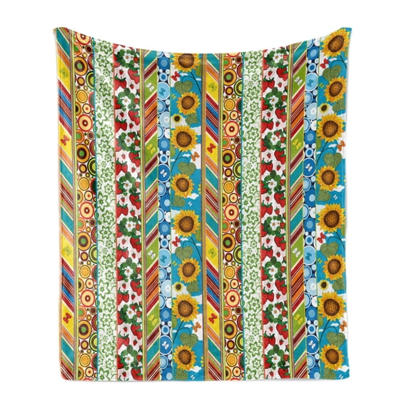 Striped Soft Flannel Fleece Blanket, Colorful Summer Spring Retro Patchwork Style Pattern Sunflower Butterfly Strawberry, Cozy Plush for Indoor and Outdoor Use, 60" x 80", Multicolor, by Ambesonne