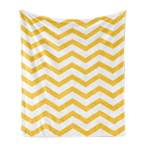 Striped Soft Flannel Fleece Blanket, Modern Summer Season Pattern Zigzag Tile Design Wavy Curved Horizontal Motif, Cozy Plush for Indoor and Outdoor Use, 70" x 90", Yellow and White, by Ambesonne