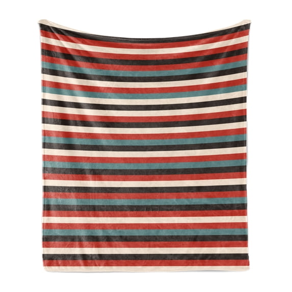 Striped Soft Flannel Fleece Blanket, Vintage Retro Pattern Geometric 60's Style Red Black Teal and Beige Colored Print, Cozy Plush for Indoor and Outdoor Use, 50" x 60", Multicolor, by Ambesonne