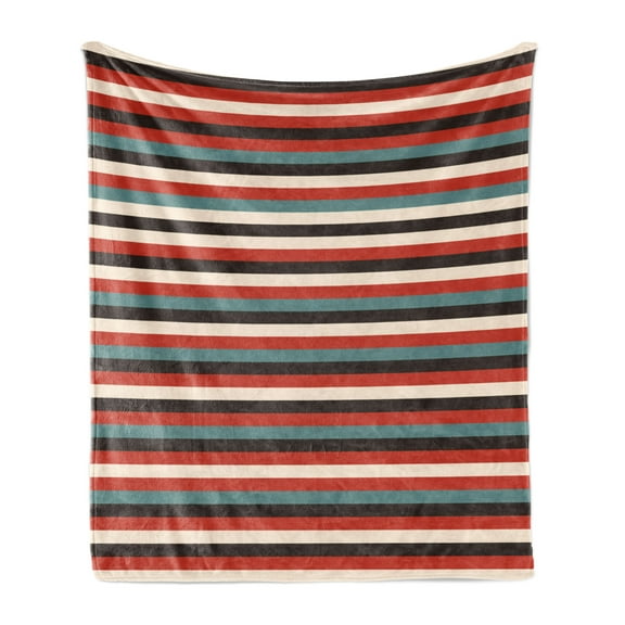 Striped Soft Flannel Fleece Blanket, Vintage Retro Pattern Geometric 60's Style Red Black Teal and Beige Colored Print, Cozy Plush for Indoor and Outdoor Use, 70" x 90", Multicolor, by Ambesonne