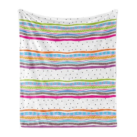 Striped Soft Flannel Fleece Throw Blanket, Abstract Wavy Stripes Polkadots Ribbons Bows and Hearts Girly Patterned Artwork, Cozy Plush for Indoor and Outdoor Use, 70" x 90", Multicolor, by Ambesonne
