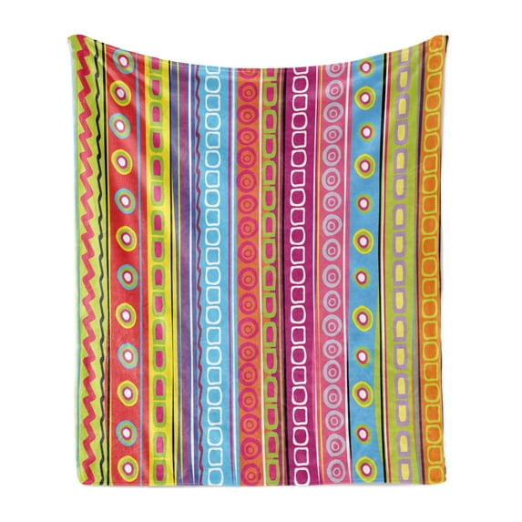 Striped Soft Flannel Fleece Throw Blanket, Colorful Retro Stripes Circles Boho Pattern 90's Style Rainbow Art Print, Cozy Plush for Indoor and Outdoor Use, 70" x 90", Multicolor, by Ambesonne
