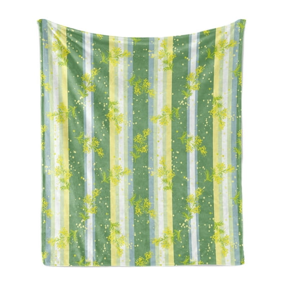 Striped Soft Flannel Fleece Throw Blanket, Mimosa Spring Flower Leaves on Striped Back March Blossoms Feminine Design Art, Cozy Plush for Indoor and Outdoor Use, 60" x 80", Yellow Green, by Ambesonne
