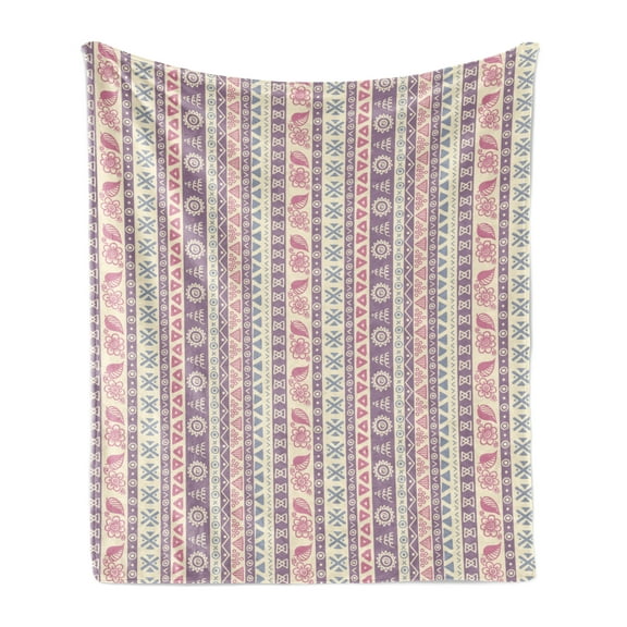 Striped Soft Flannel Fleece Throw Blanket, Soft Tone with Elements Floral Leaf American Design, Cozy Plush for Indoor and Outdoor Use, 50" x 70", Pale Pink Mauve, by Ambesonne