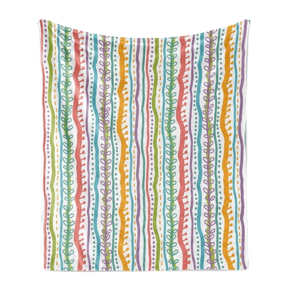Striped Soft Flannel Fleece Throw Blanket, Vertical Abstract Featured Swirl Lines Curved Sketchy Bands and Dots Display, Cozy Plush for Indoor and Outdoor Use, 70" x 90", Multicolor, by Ambesonne