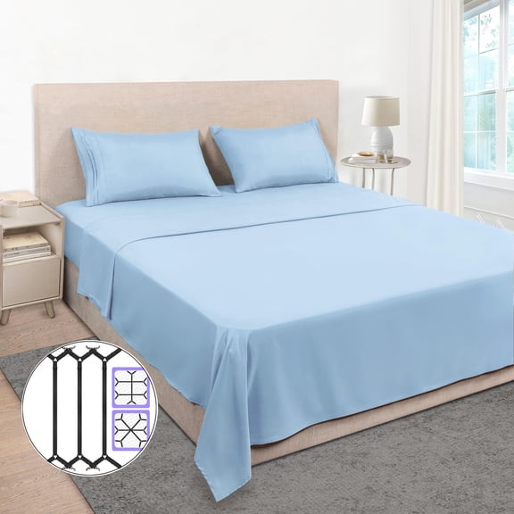 Striped Solid Microfiber King Size Sheet Set with Deep Pockets & 3 Adjustable Sheet Straps