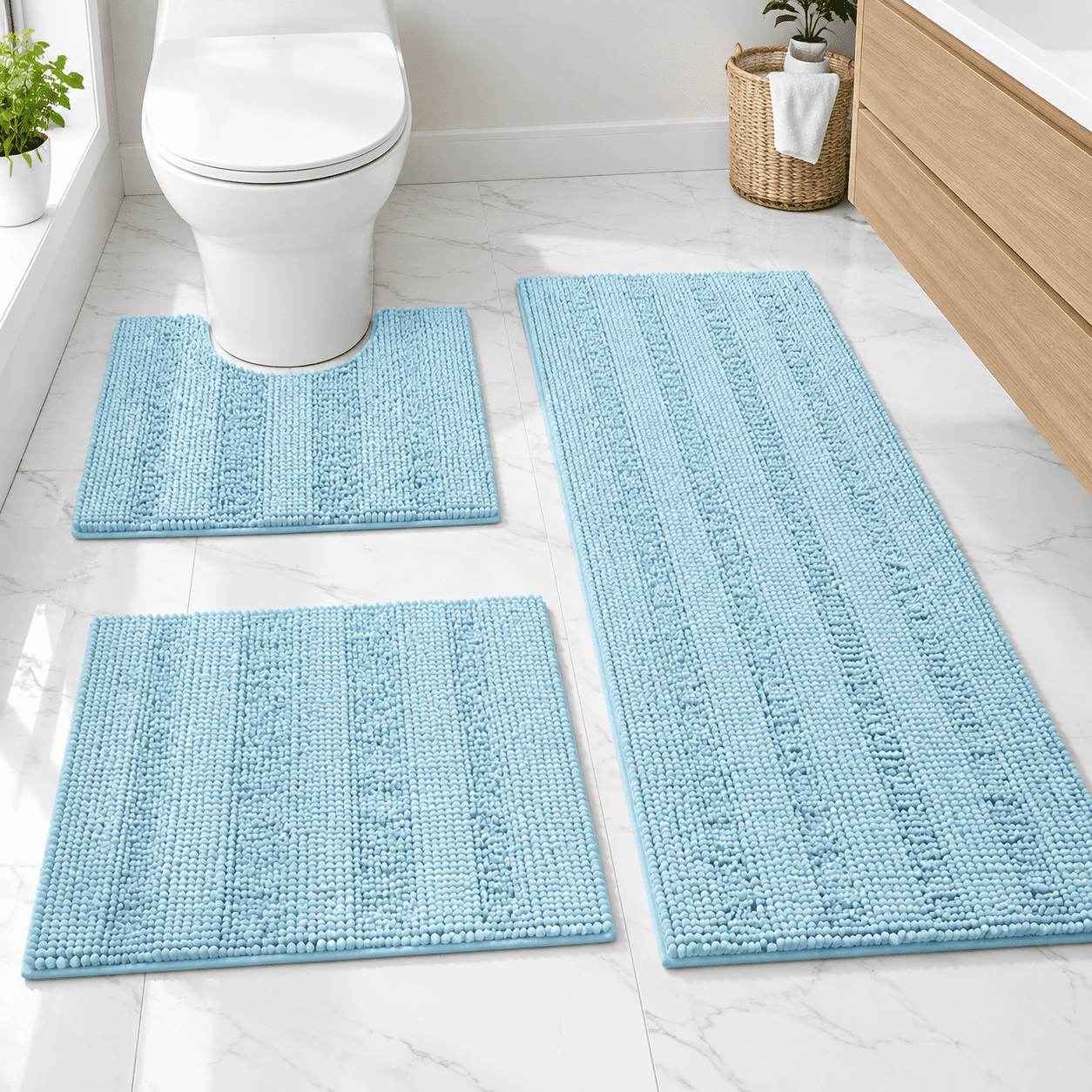 Striped Spa Blue 3-Piece Bath Rug Set 2'8