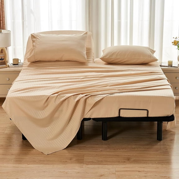 Striped Split Top California King Sheets Sets for Adjustable Bed 4 Pieces Include 1 Flex Head Fitted Cal King Sheet 1 Flat Sheet 2 King Size Pillowcases Beige